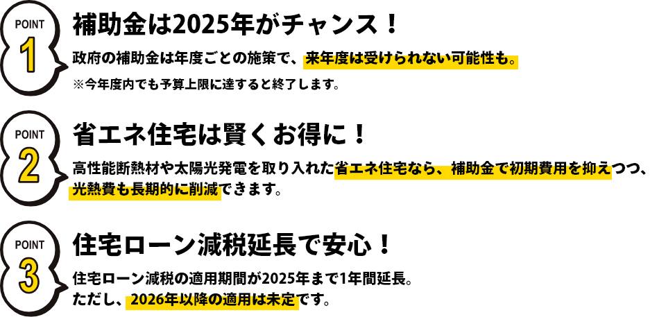 ポイント1 補助金は2025年がチャンス!政府の補助金は年度ごとの施策で、来年度は受けられない可能性も。※今年度内でも予算上限に達すると終了します。 ポイント2 省エネ住宅で賢くお得に! 高性能断熱材や太陽光発電を取り入れた省エネ住宅なら、補助金で初期費用を抑えつつ、光熱費も長期的に削減できます。 ポイント3 住宅ローン減税延長で安心!住宅ローン減税の適用期間が2025年まで1年間延長。ただし、2026年以降の適用は未定です。